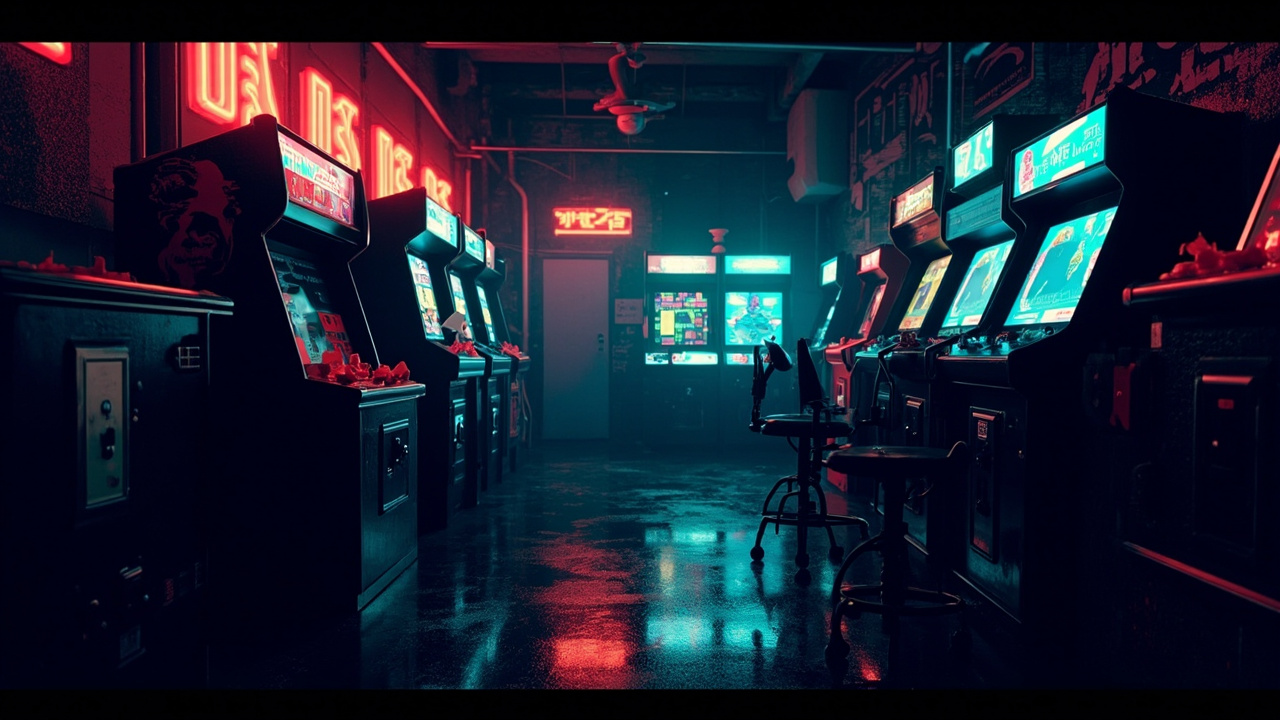 Illustration of a neon-lit retro arcade interior