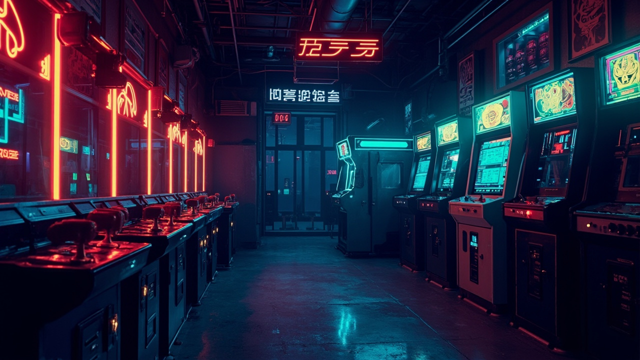 Illustration of a neon-lit retro arcade interior