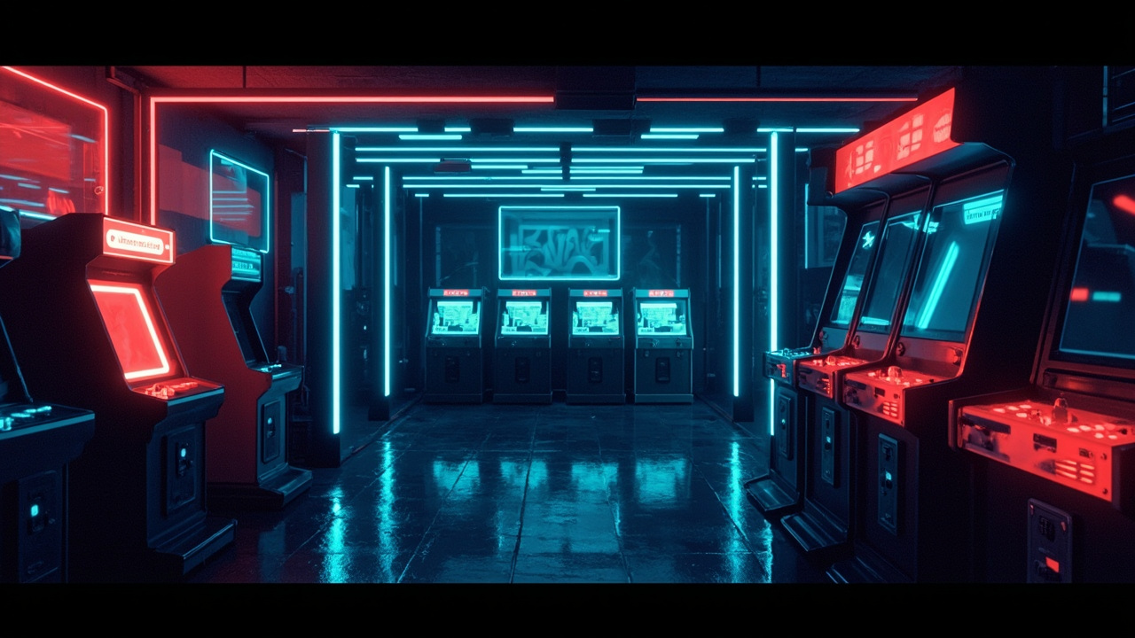 Illustration of a neon-lit retro arcade interior