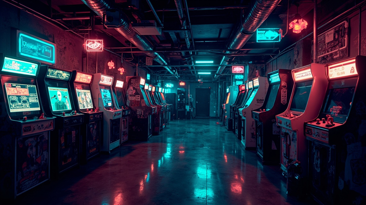 Illustration of a neon-lit retro arcade interior
