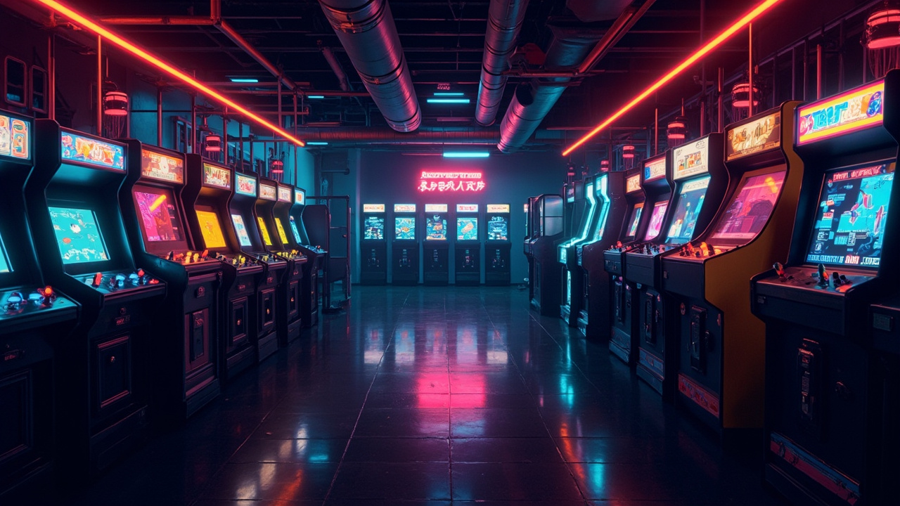 Illustration of a neon-lit retro arcade interior