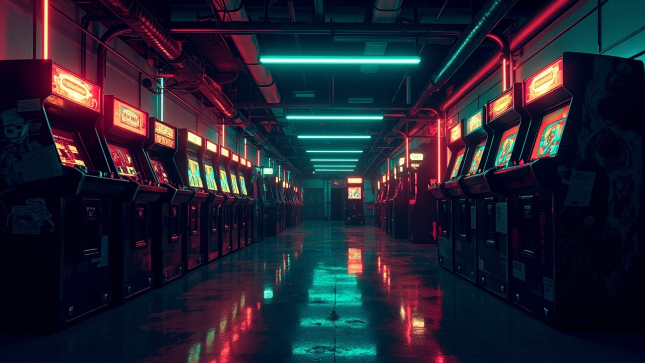 Illustration of a neon-lit retro arcade interior