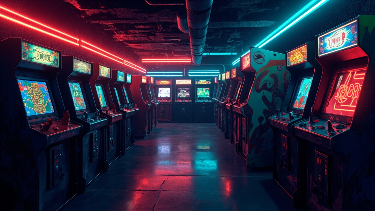 Illustration of a neon-lit retro arcade interior