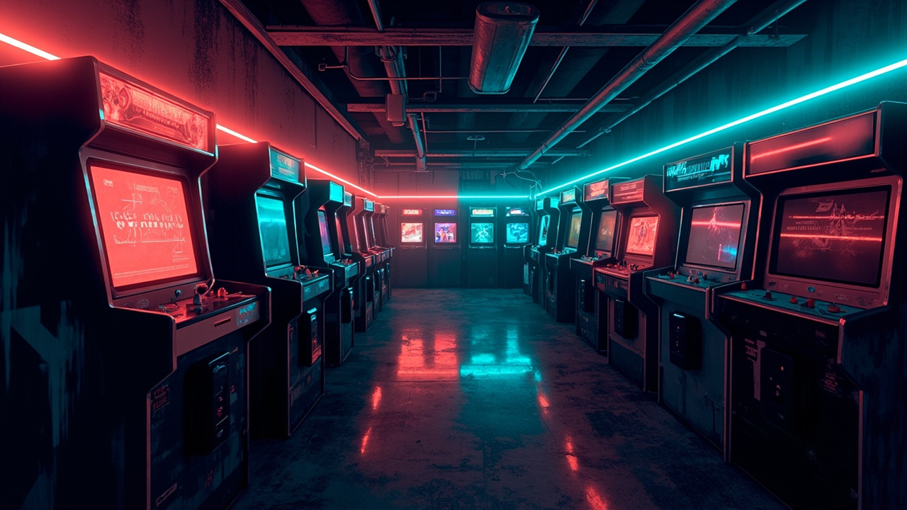 Illustration of a neon-lit retro arcade interior