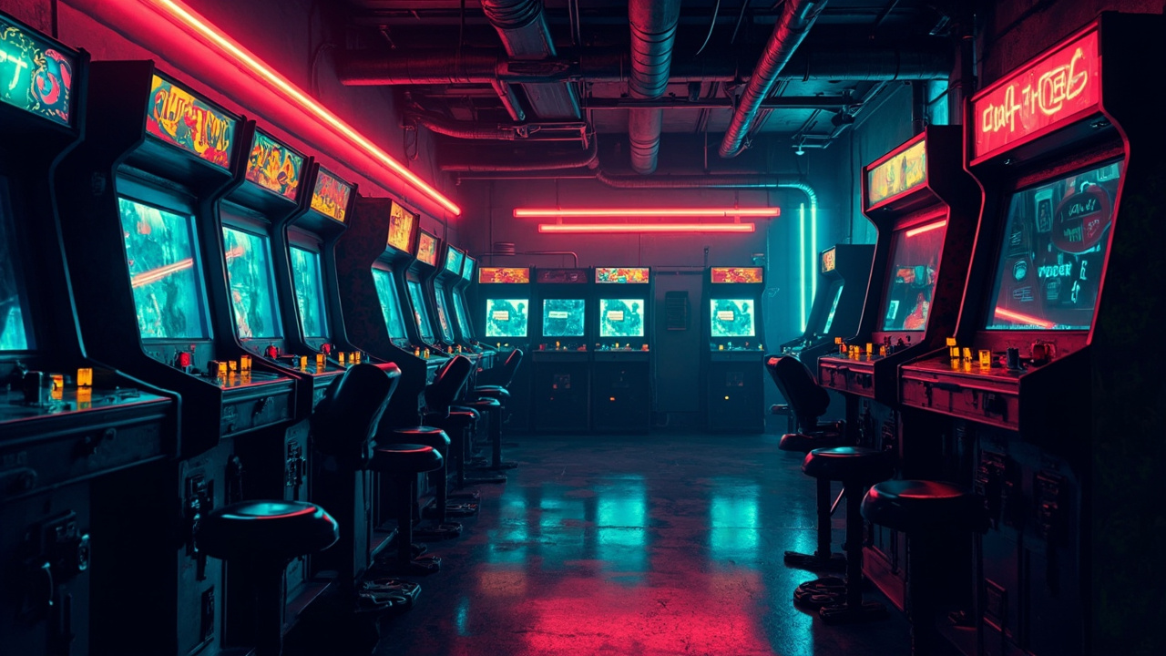 Illustration of a neon-lit retro arcade interior