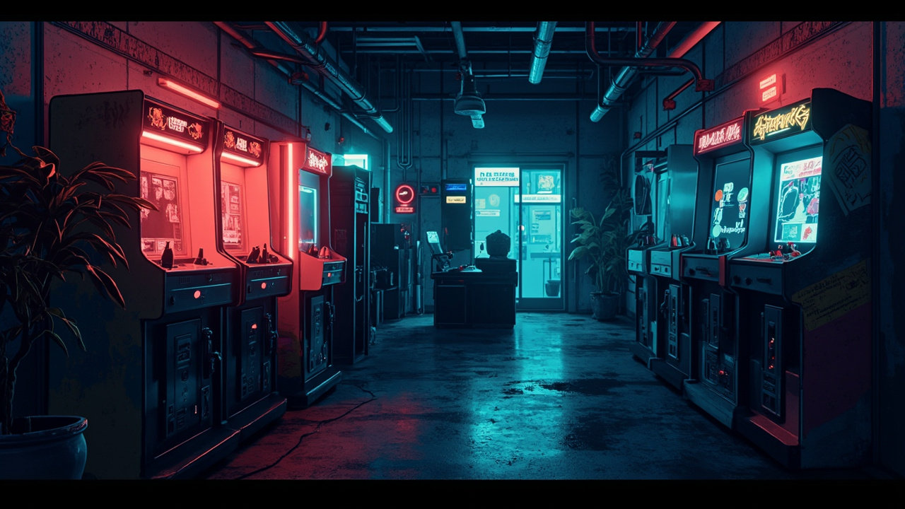 Illustration of a neon-lit retro arcade interior
