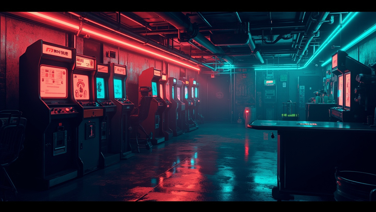 Illustration of a neon-lit retro arcade interior