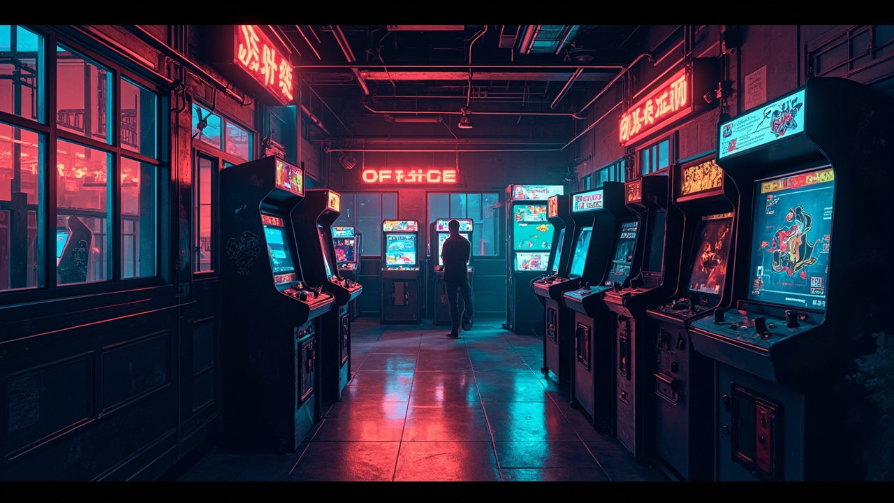 Illustration of a neon-lit retro arcade interior