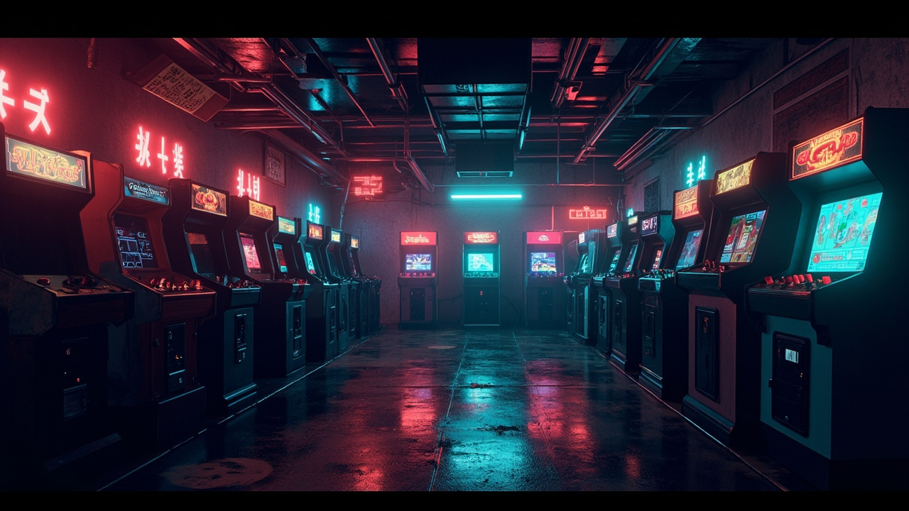 Illustration of a neon-lit retro arcade interior