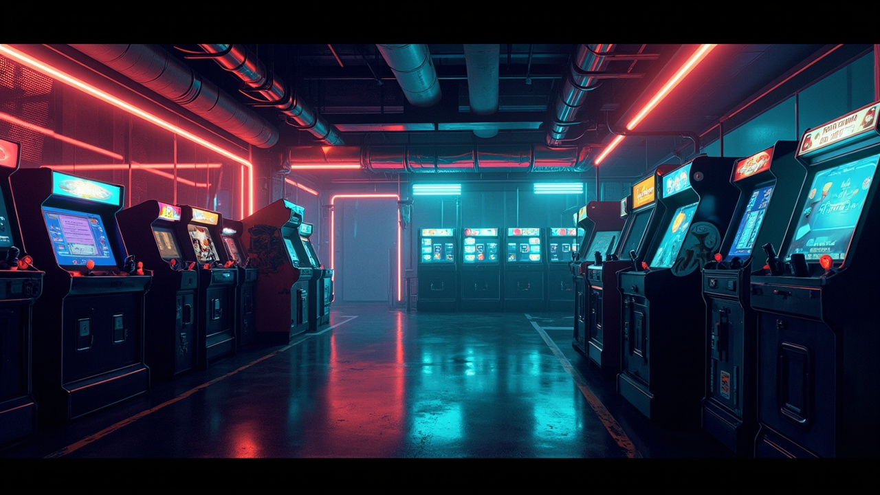 Illustration of a neon-lit retro arcade interior
