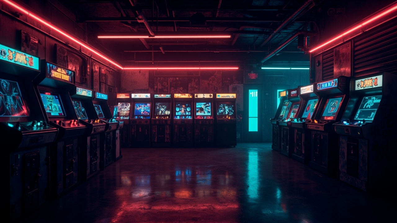 Illustration of a neon-lit retro arcade interior