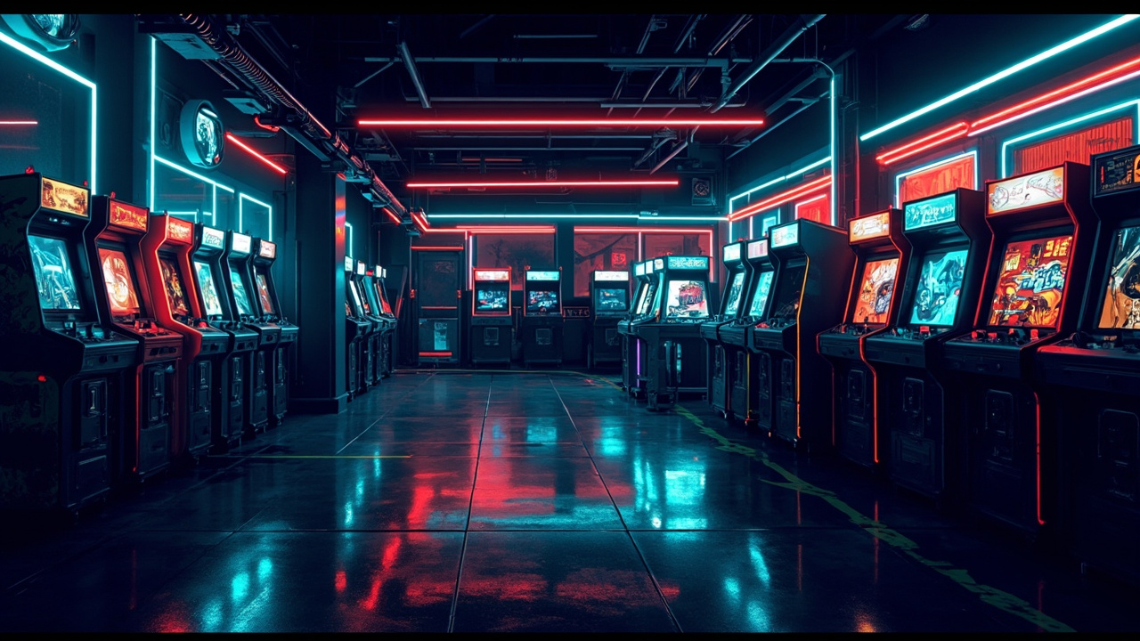 Illustration of a neon-lit retro arcade interior