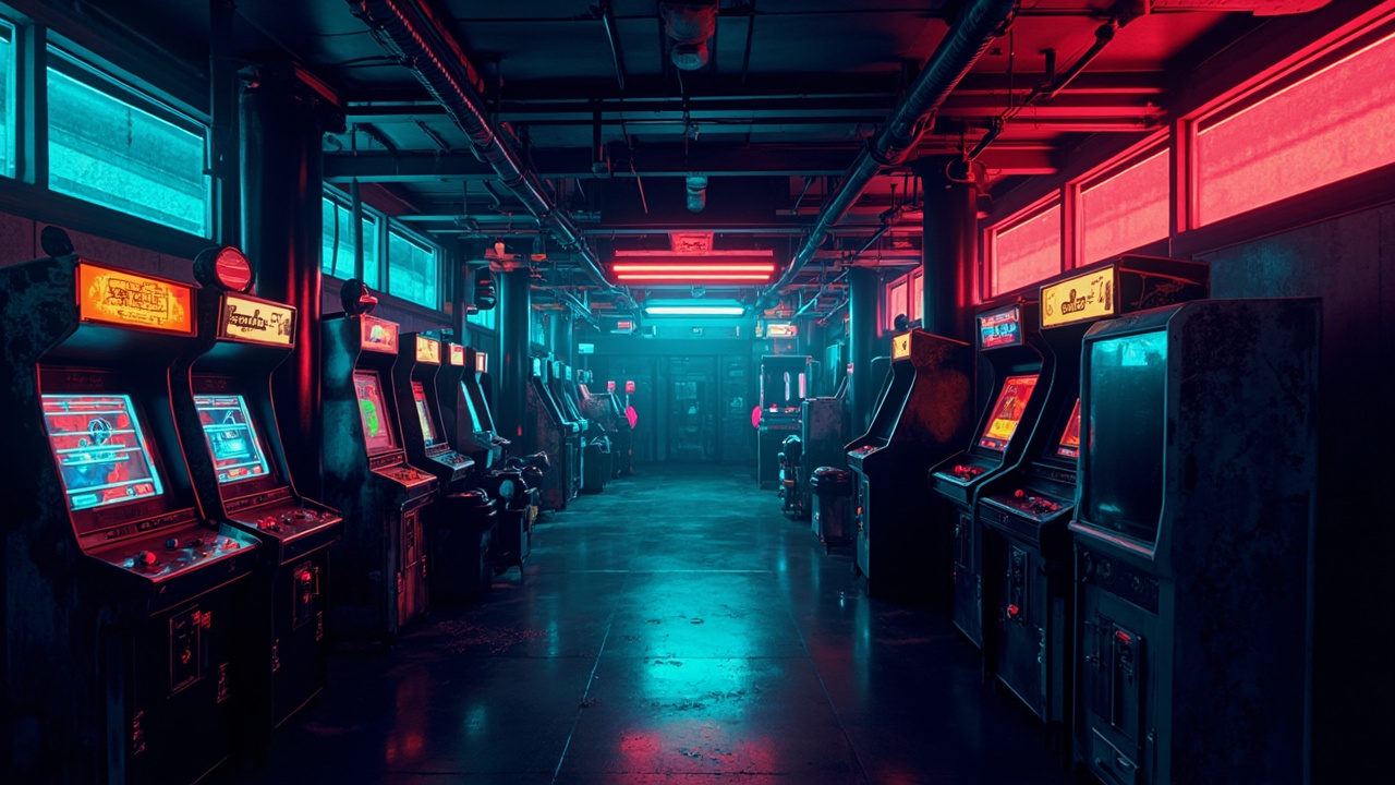 Illustration of a neon-lit retro arcade interior