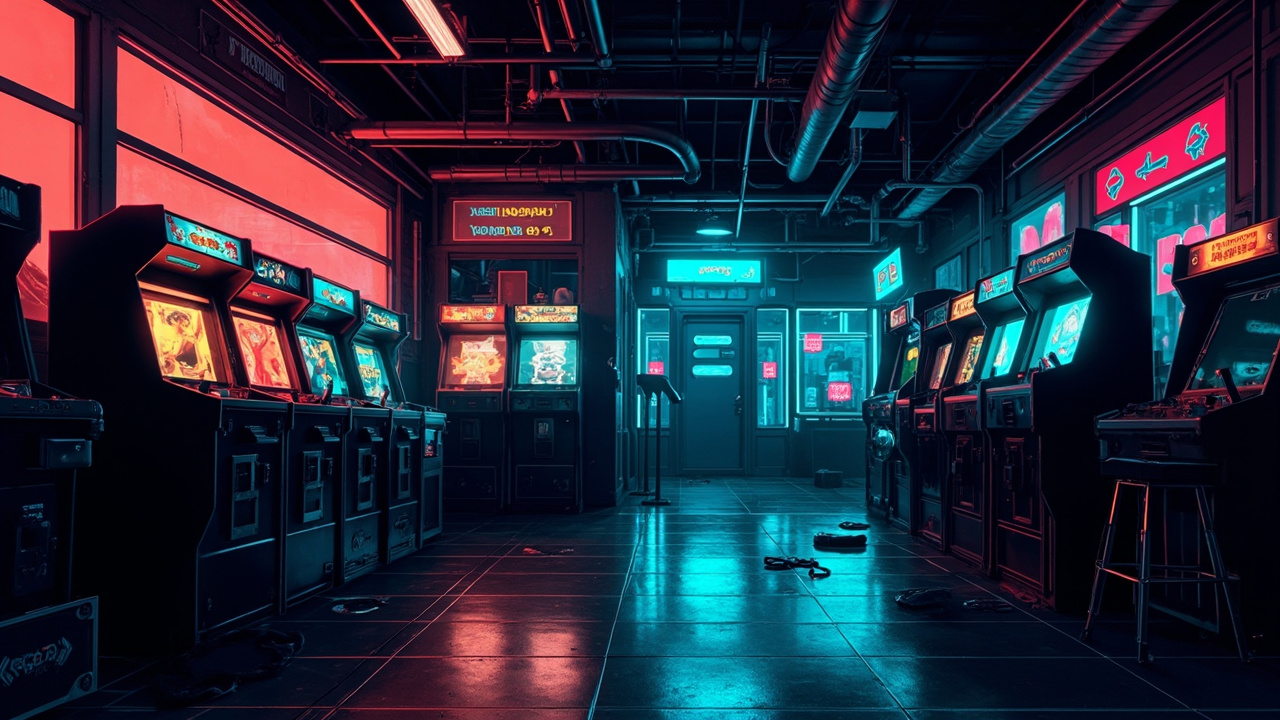 Illustration of a neon-lit retro arcade interior