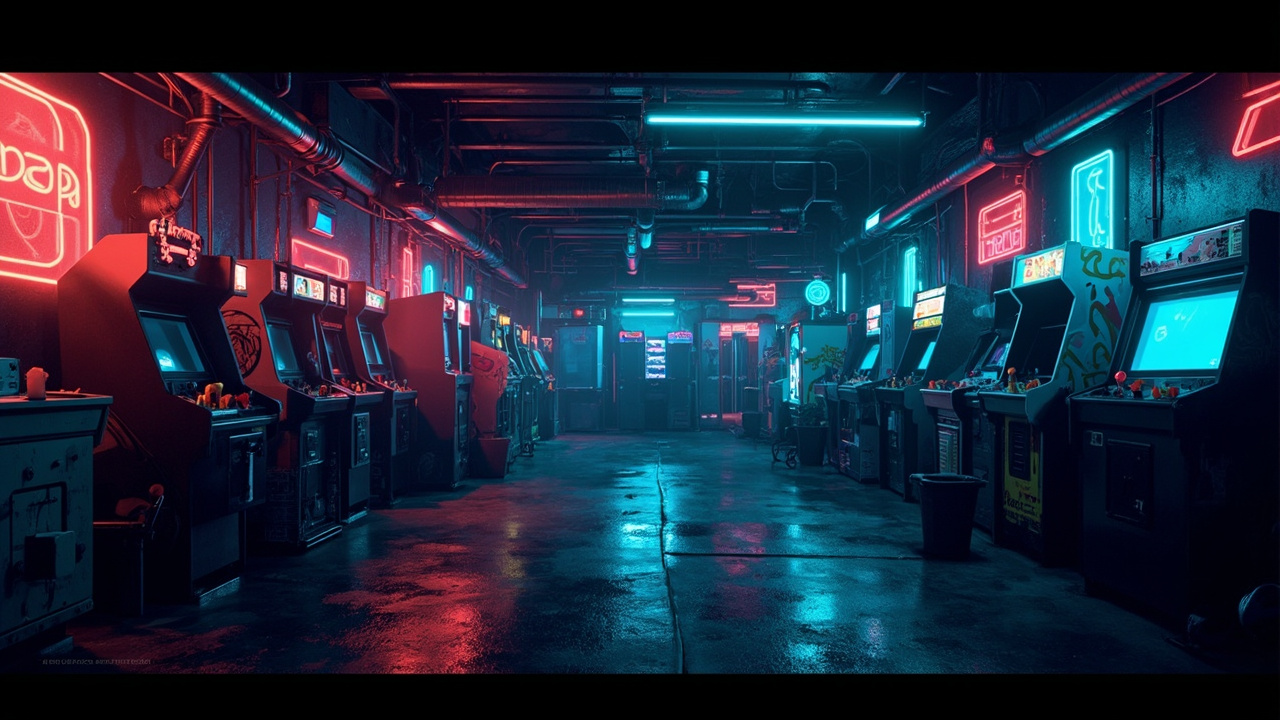 Illustration of a neon-lit retro arcade interior