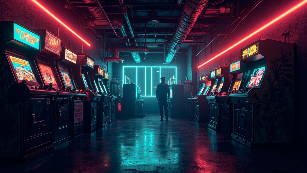 Illustration of a neon-lit retro arcade interior
