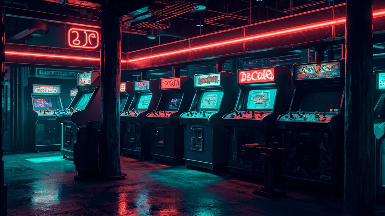 Illustration of a neon-lit retro arcade interior