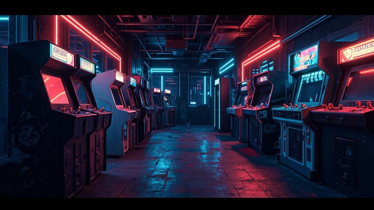 Illustration of a neon-lit retro arcade interior