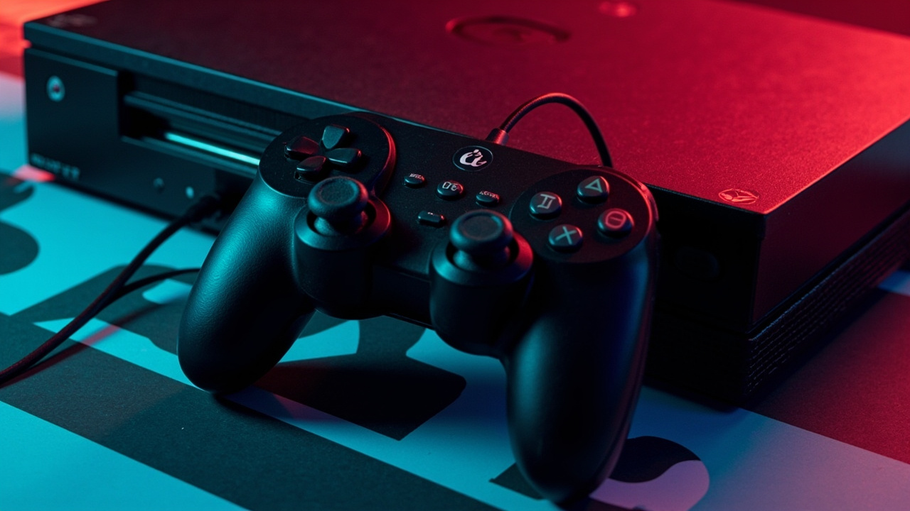 Illustration: A black dual-analog video game controller with a directional pad and four action buttons rests in front of a dark, rectangular gaming console featuring a disc slot and a matte red top surface.