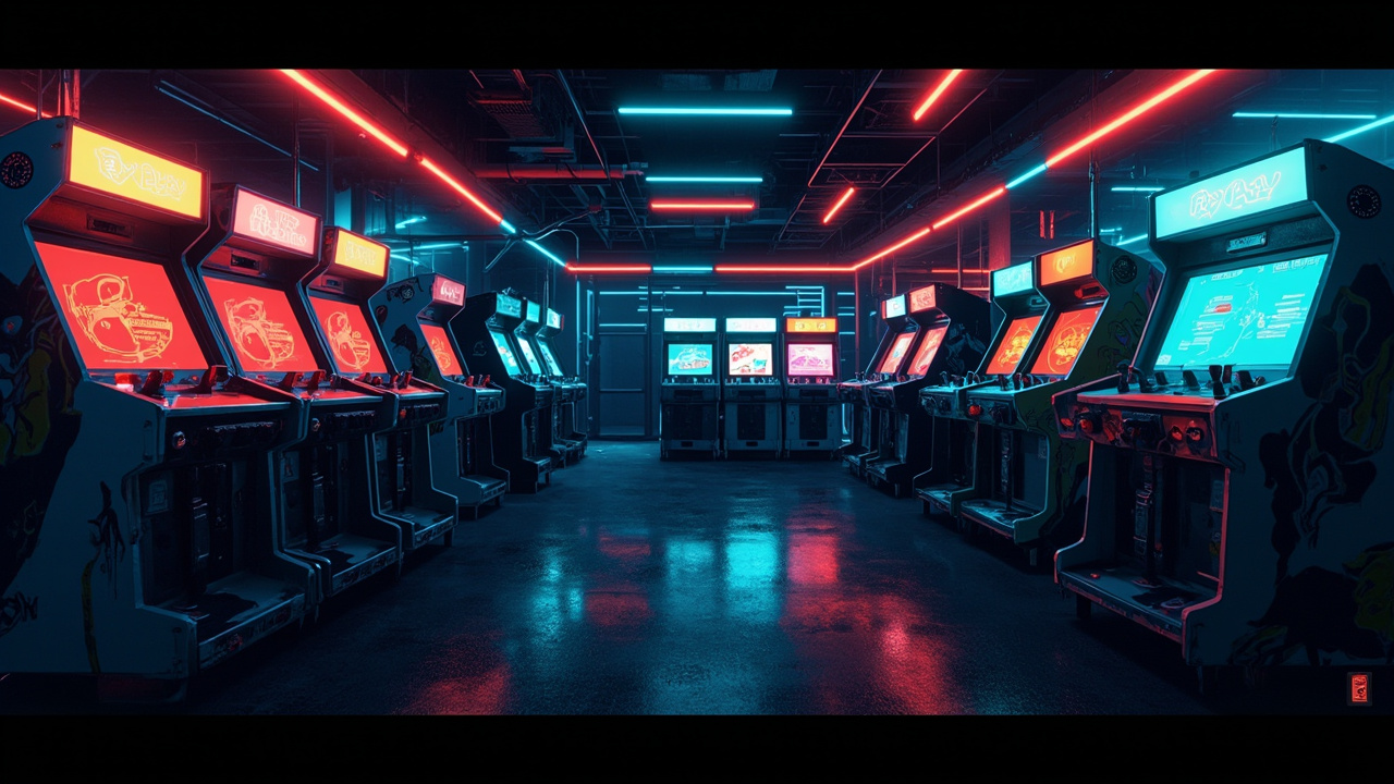 Illustration of a neon-lit retro arcade interior