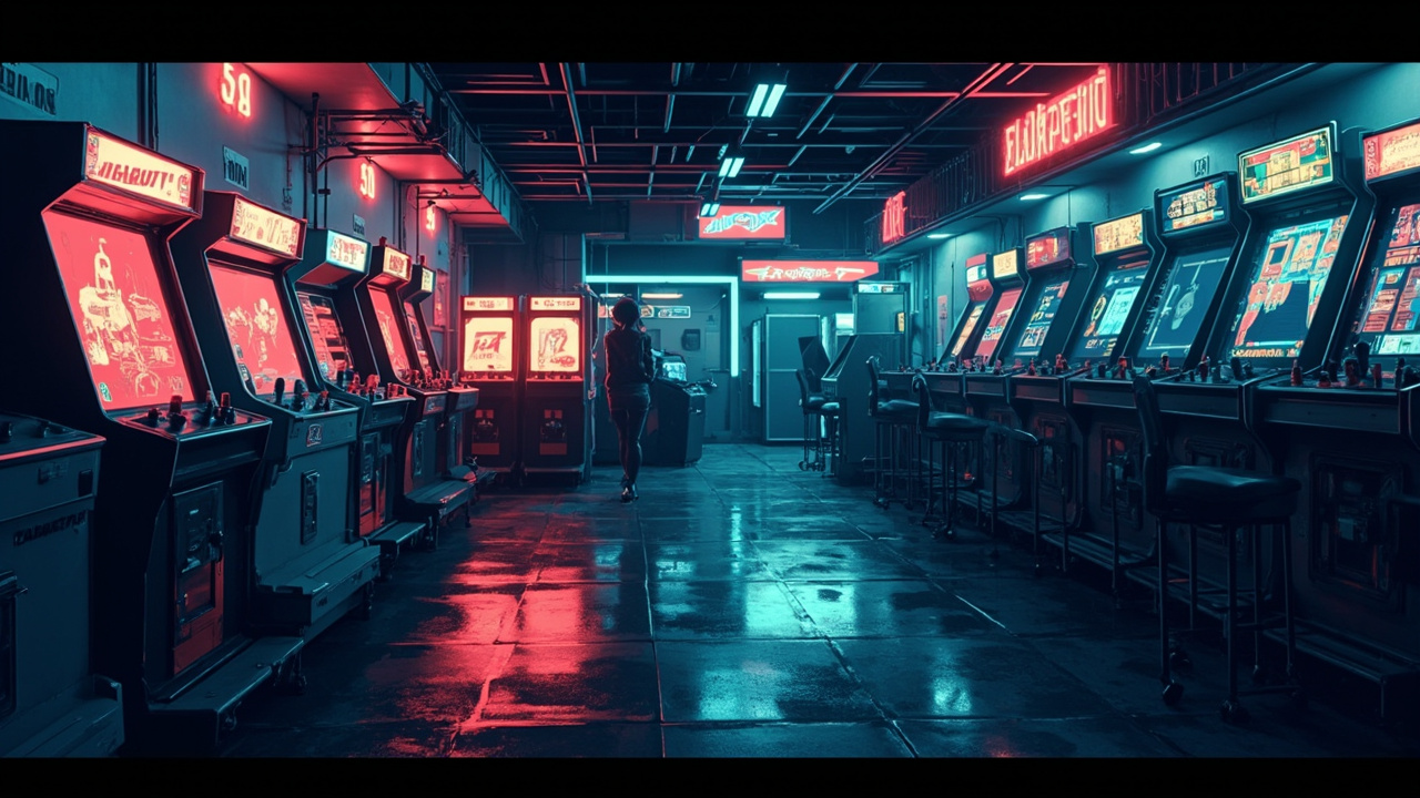 Illustration of a neon-lit retro arcade interior