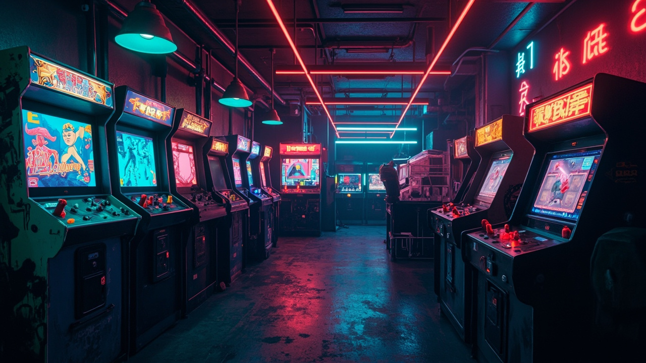 Illustration of a neon-lit retro arcade interior