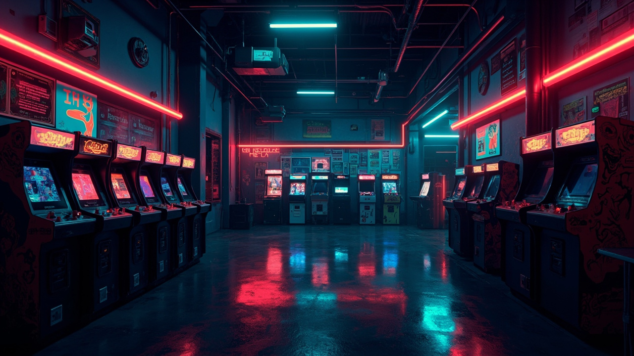Illustration of a neon-lit retro arcade interior