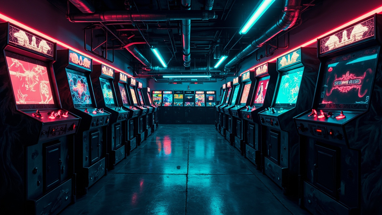 Illustration of a neon-lit retro arcade interior