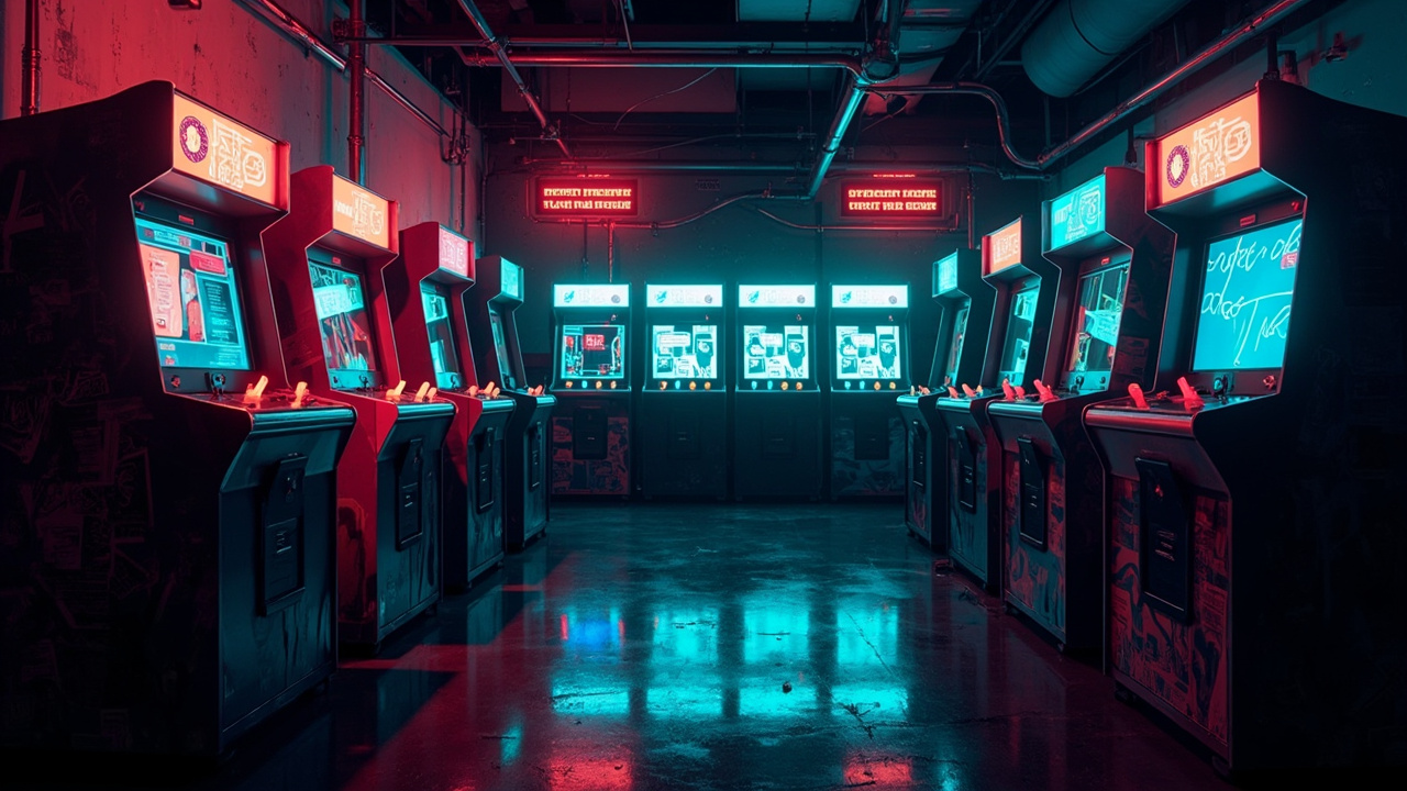 Illustration of a neon-lit retro arcade interior