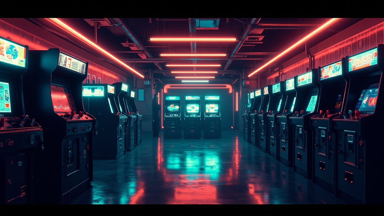 Illustration of a neon-lit retro arcade interior
