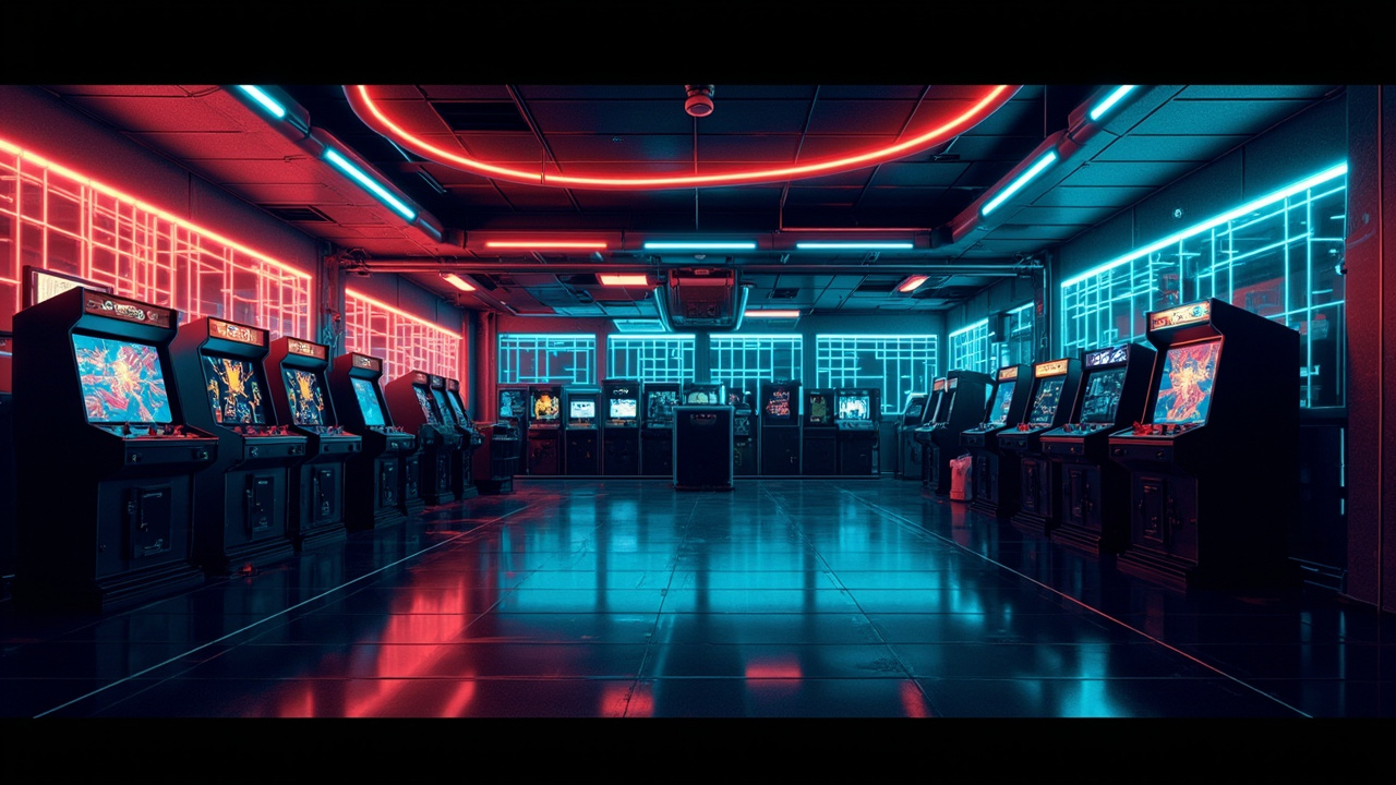 Illustration of a neon-lit retro arcade interior
