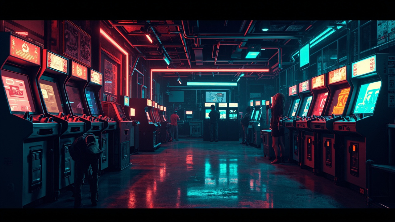 Illustration of a neon-lit retro arcade interior