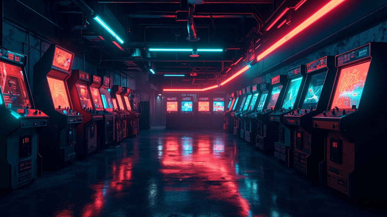 Illustration of a neon-lit retro arcade interior