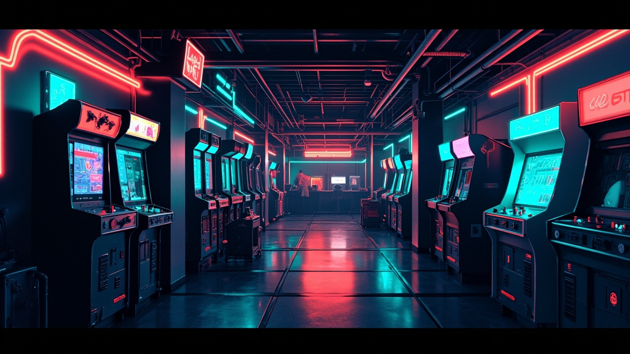 Illustration of a neon-lit retro arcade interior