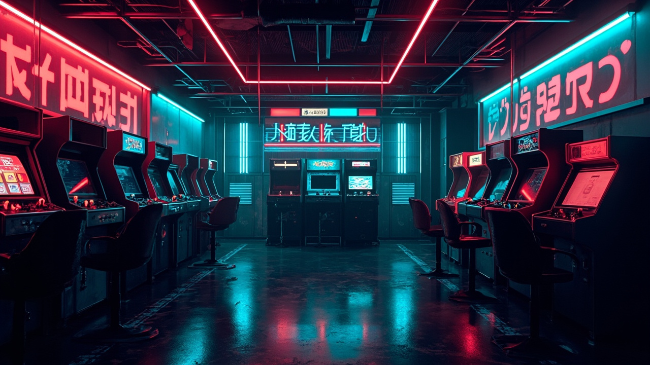 Illustration of a neon-lit retro arcade interior