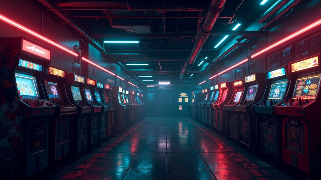Illustration of a neon-lit retro arcade interior