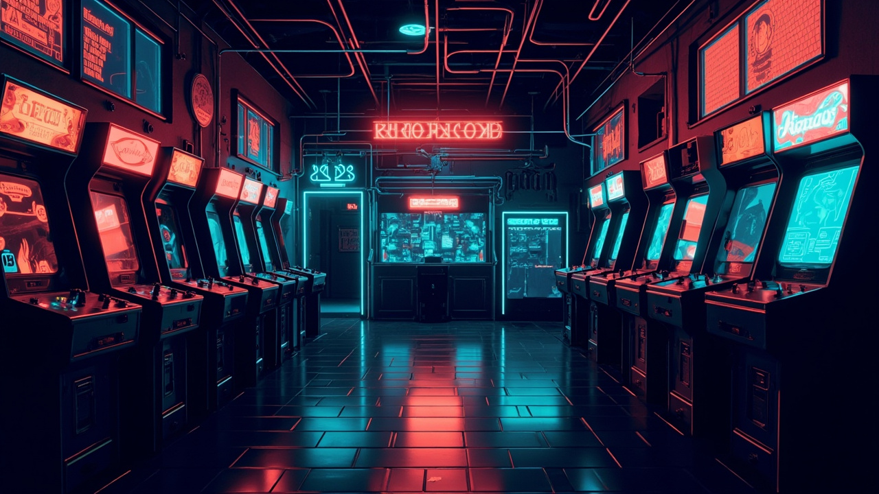 Illustration of a neon-lit retro arcade interior