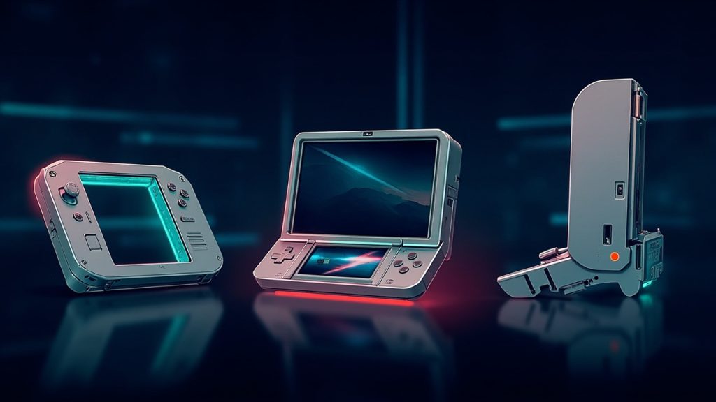 Illustration: A light gray handheld gaming console is displayed from three angles—front, side profile, and rear—revealing a screen, directional pad, action buttons, and a removable back panel against a dark background.