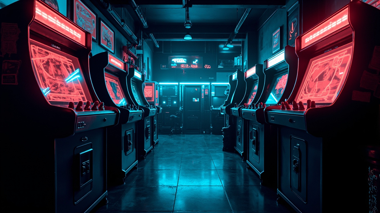 Illustration of a neon-lit retro arcade interior