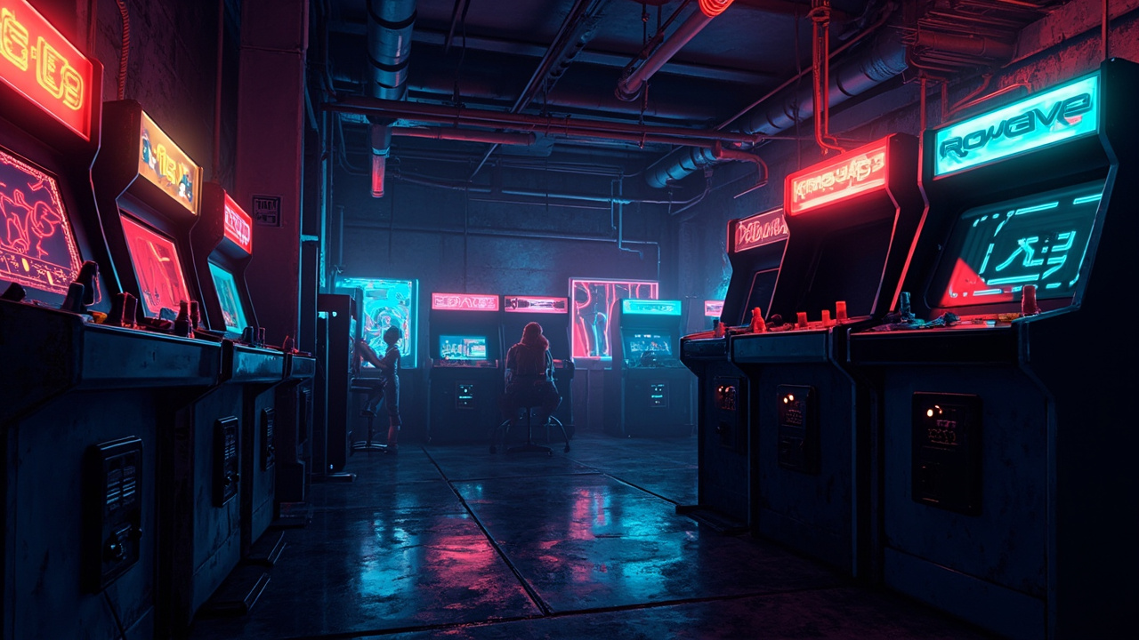 Illustration of a neon-lit retro arcade interior