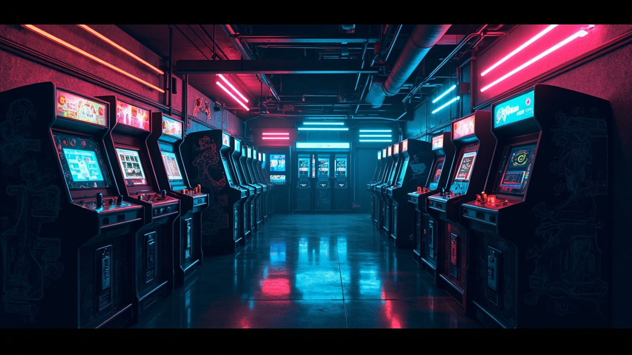 Illustration of a neon-lit retro arcade interior