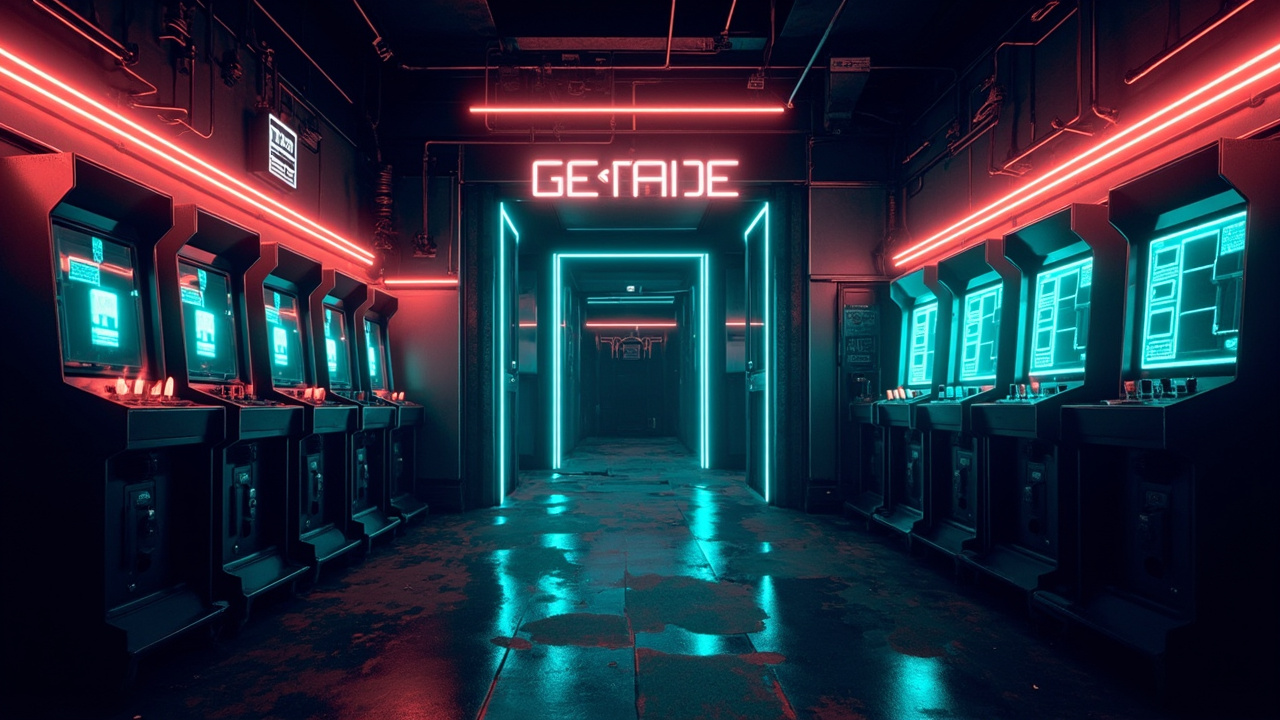 Illustration of a neon-lit retro arcade interior