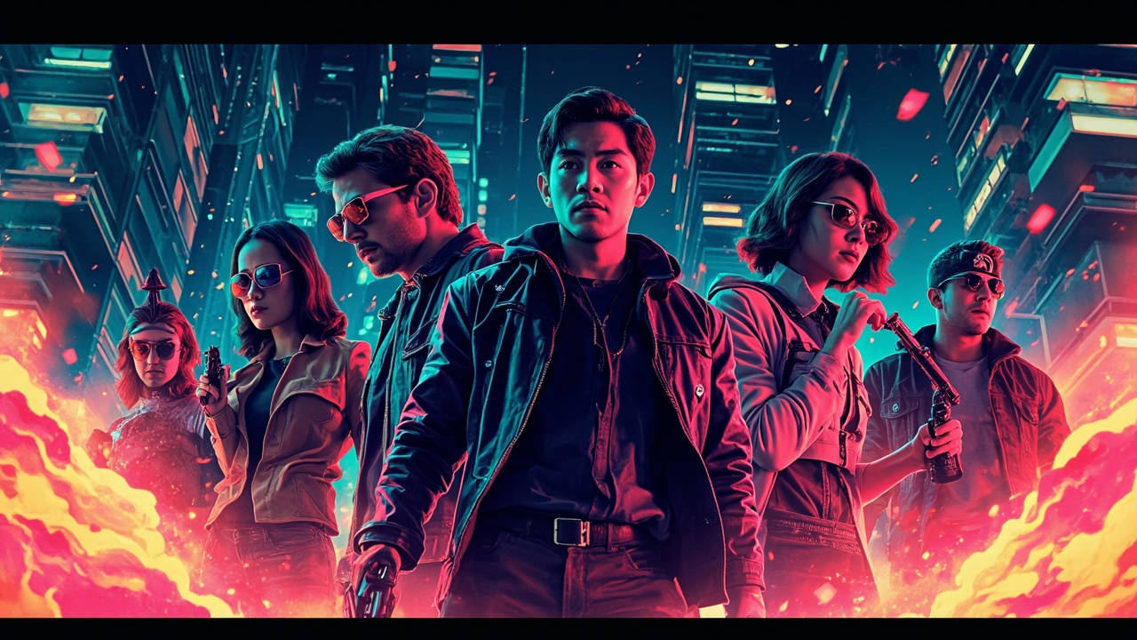 Illustration: A vibrant animated promotional illustration featuring stylized characters posed dynamically against a neon-lit nighttime cityscape with skyscrapers, illuminated windows, and bursts of flame in the foreground.