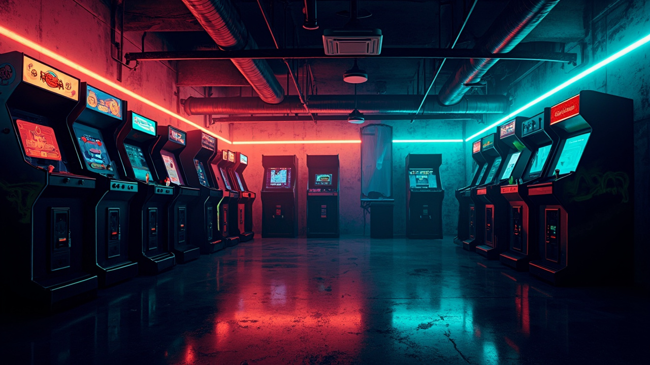 Illustration of a neon-lit retro arcade interior
