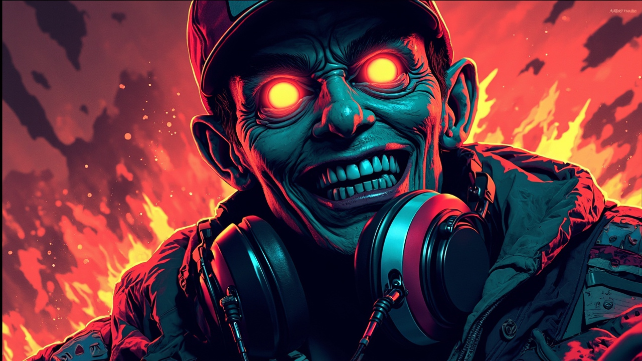 Illustration: A pale, cracked-skinned character with glowing, pupil-less eyes flashes a wide smile, wearing a red and black cap and a heavily patched jacket. Colorful disc headphones rest on his chest against a backdrop of roaring orange flames and shadowy silhoue