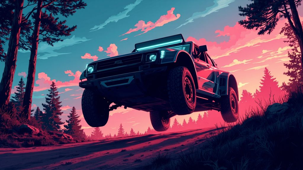Illustration: A pixelated off-road rally car is captured mid-air while launching over a dirt track, framed by trees and a cloudy sky in a low-resolution digital rendering.