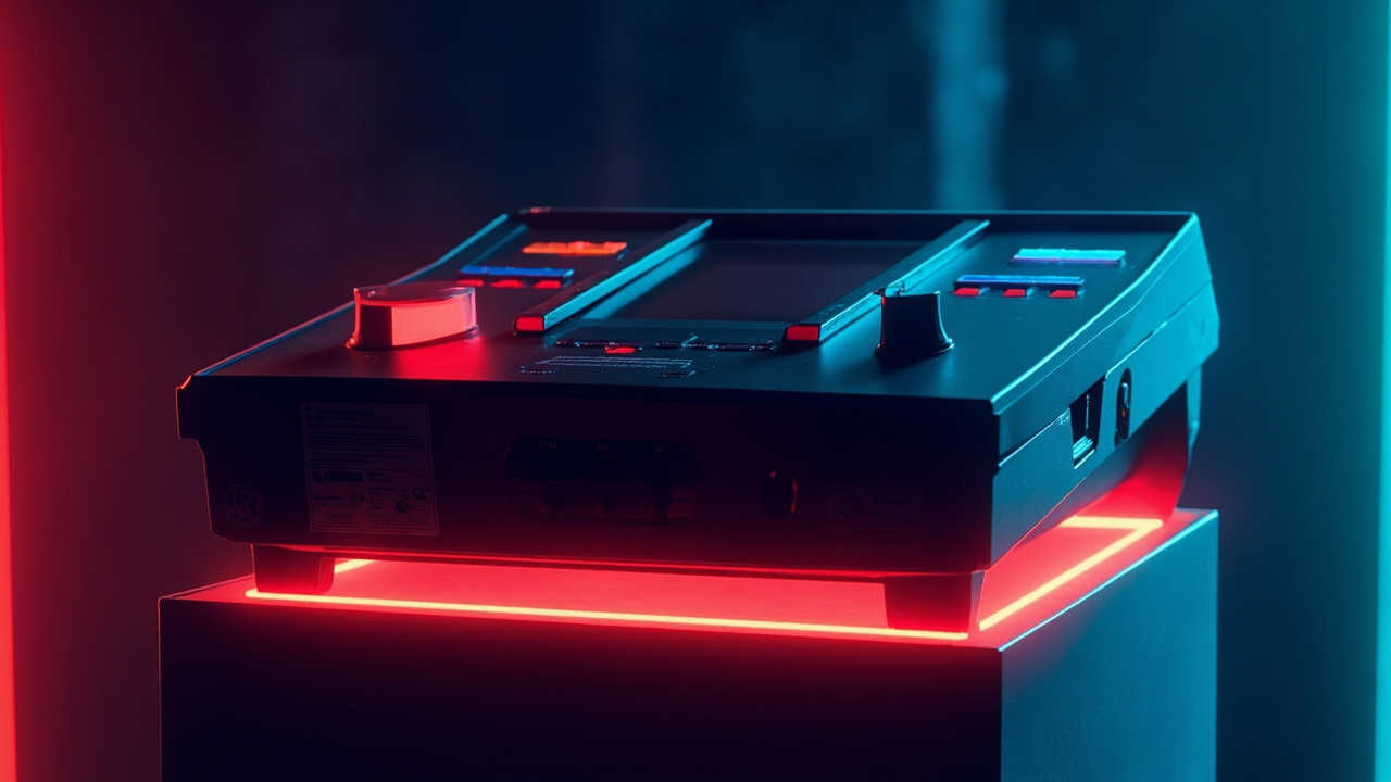 Illustration of retro gaming hardware in synthwave style