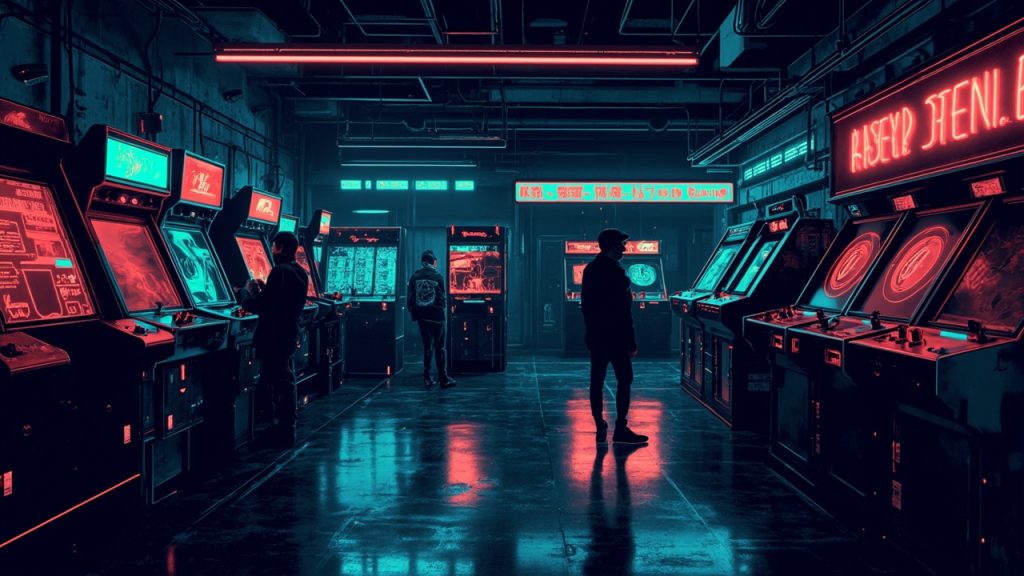 Illustration of a neon-lit retro arcade interior