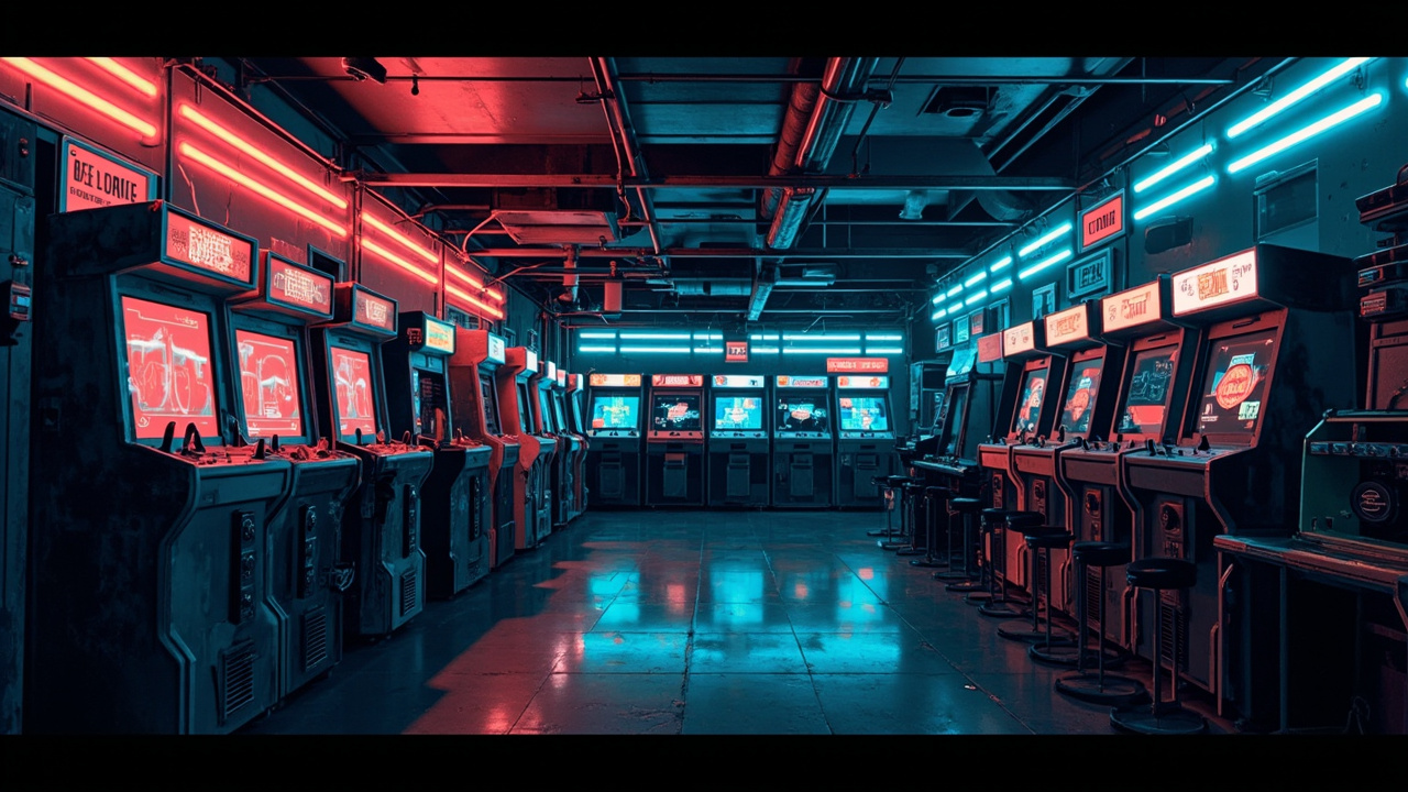 Illustration of a neon-lit retro arcade interior