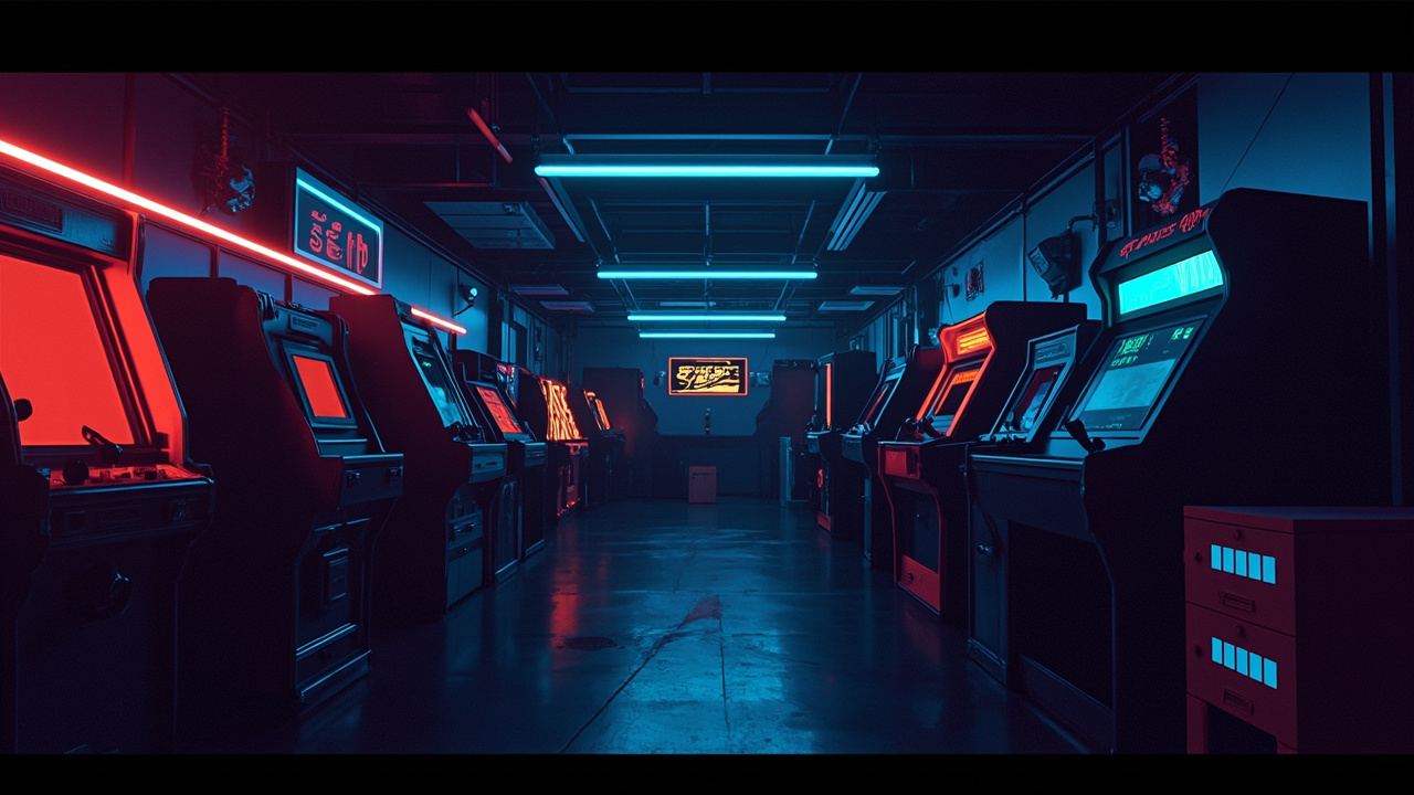 Illustration of a neon-lit retro arcade interior